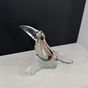 Toucan On Branch Art Glass With Controlled Bubbles And Red Swirls